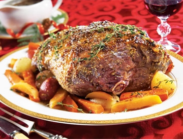 Braised leg of lamb with vegetables and maple syrup