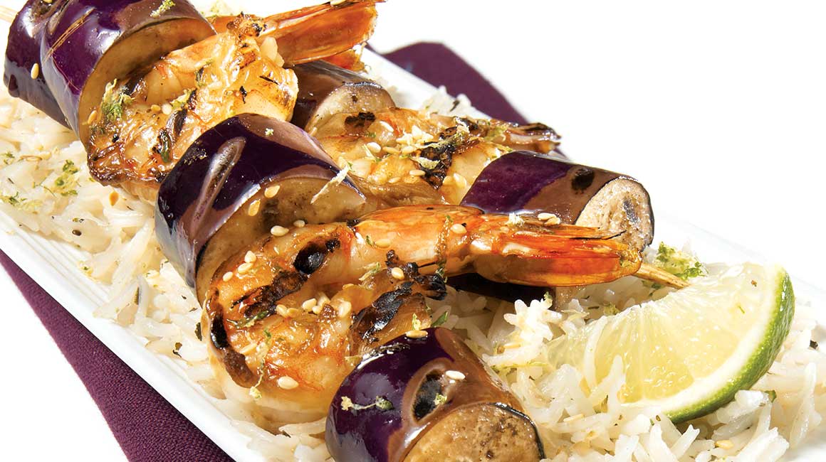Glazed shrimp and eggplant brochettes