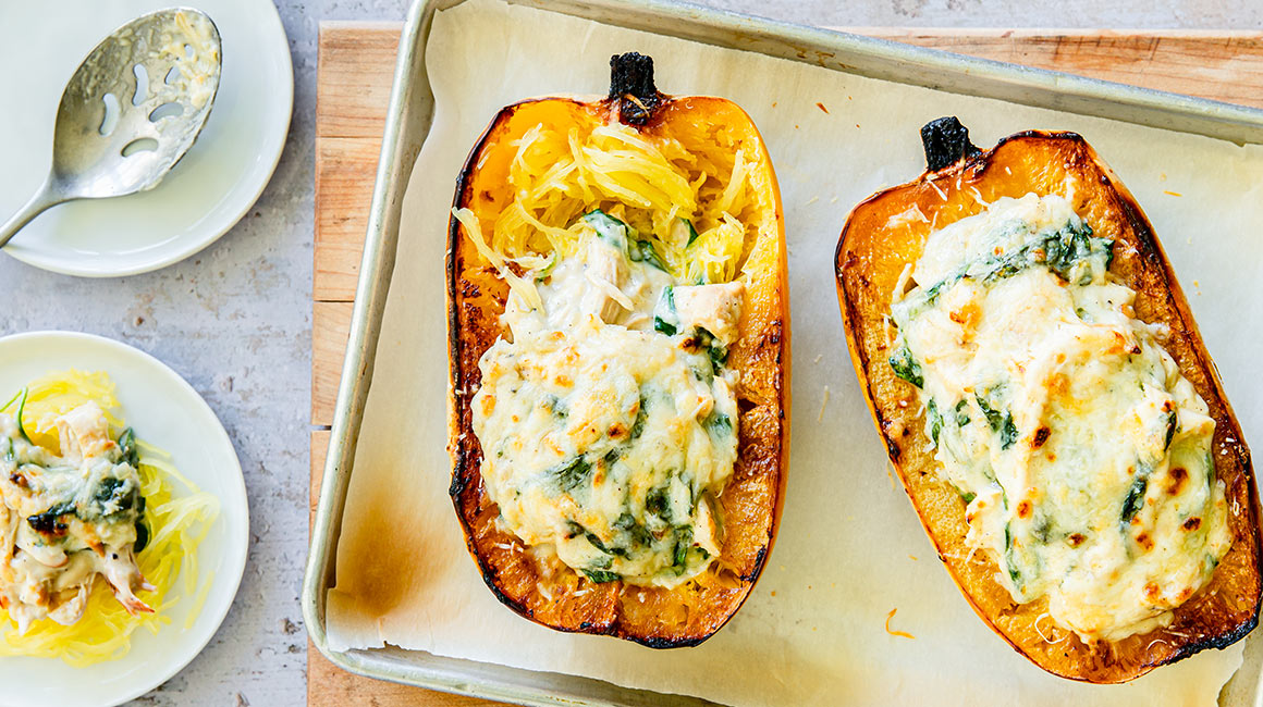 Spaghetti Squash Stuffed with Chicken & Spinach Alfredo Sauce