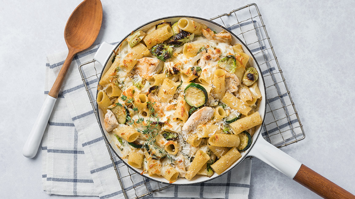 Chicken and Zucchini Alfredo Rigatoni Gratin