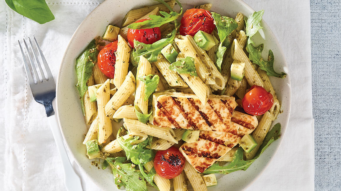 Grilled tomato and halloumi orecchiette