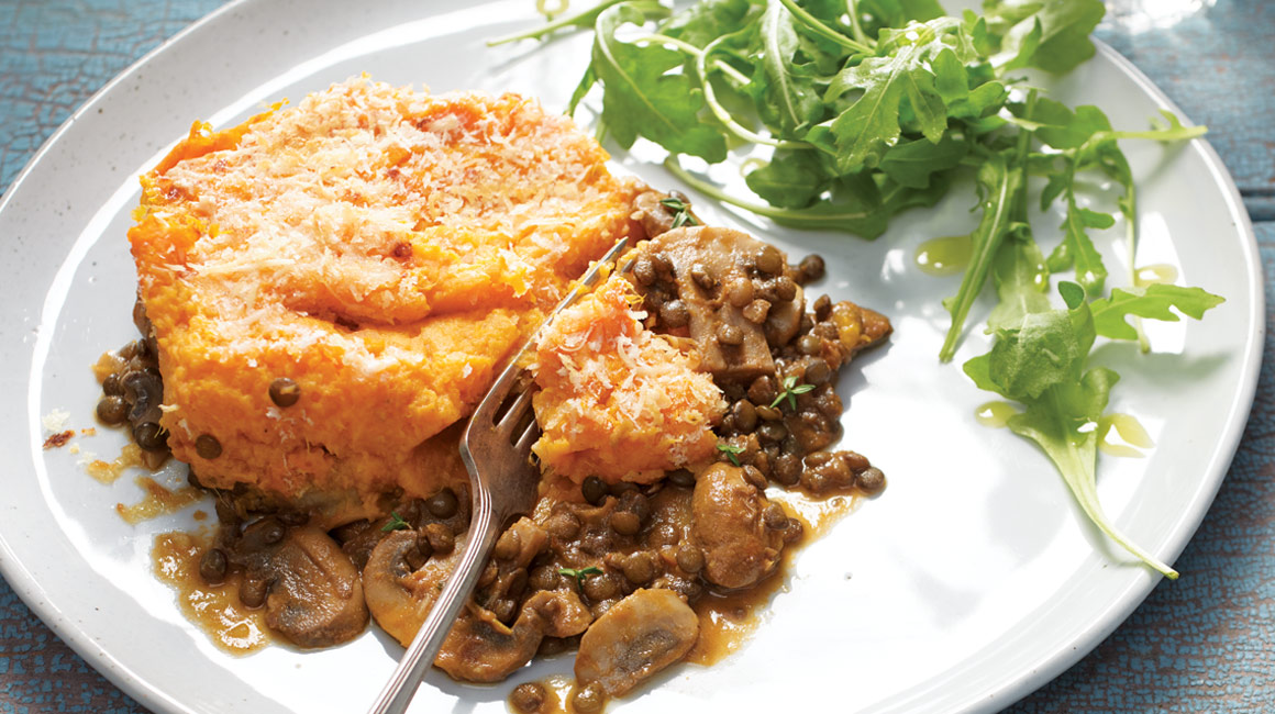 Parmentier de lentilles, champignons et pommes de terre douces