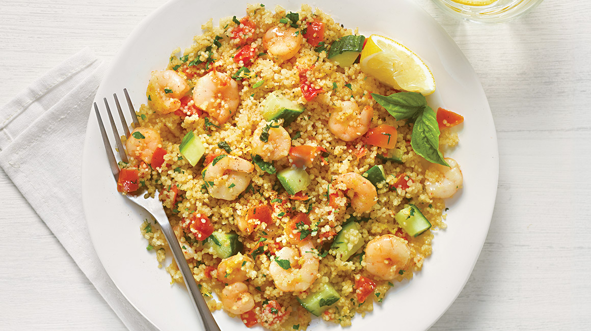 Salade tiède de couscous aux crevettes Gamberi herbes et citron