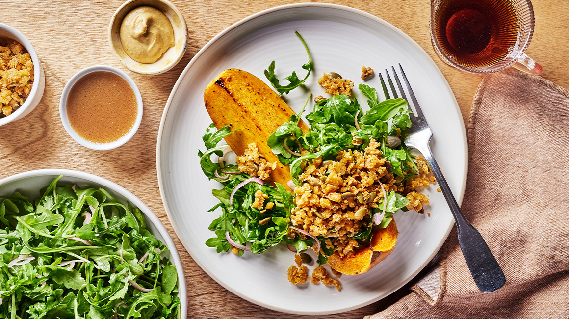 Maple-Dijon roasted squash and chickpea salad